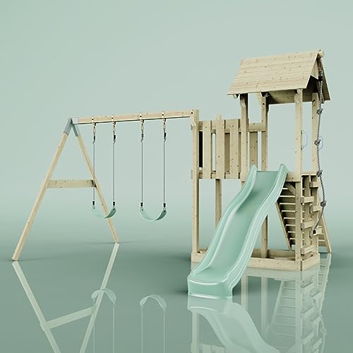Rebo Spielturm mit Wellenrutsche und Kinder-Schaukel (2X) | Outdoor Klettergerüst Garten mit Plattform | Kletterseil und Kletterleiter | Stabile Konstruktion von Rebo
