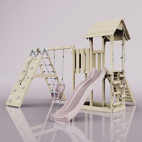 ReboOutdoor Spielturm mit Wellenrutsche | Klettergerüst mit Kinderschaukel, Kletterturm, Kletterwand, Kletternetz | Stabile Konstruktion, Weiches Gefühl in den Seilen von Rebo