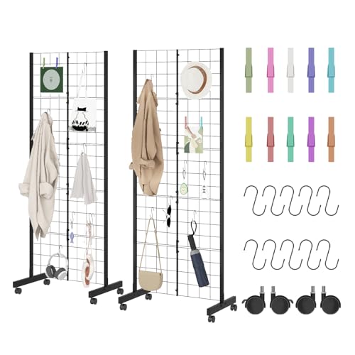 Rebonique 2er-Set Display Wandgitter Paneel,Gitter-Wandpaneele,Gridwall-Panel-Präsentationsregal mit Rädern,Stehende Gitterwand mit Haken&Clip,Mobile Metallgitter Wand für Einzelhandel,Kunst,Messe von Rebonique