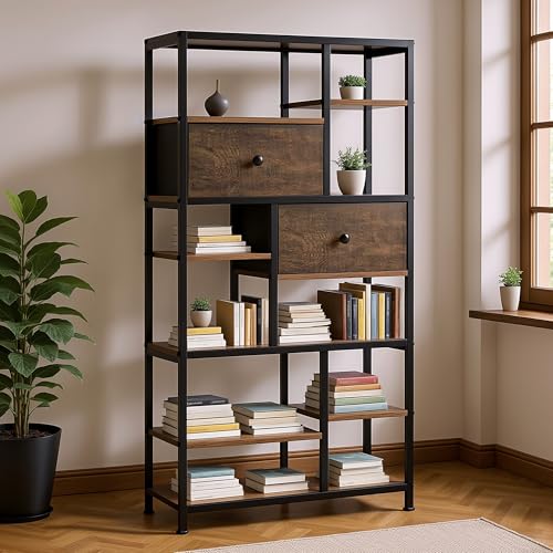Rebonique Bücherregal, Standregal 7 Ebenen mit 2 verstellbar Schubladen,Hoches Industrielles Bücherregal, Bücherschrank Aufbewahrungsregal für Büro,Wohnzimmer,Schlafzimmer,73x30x151cm Rebonique Bücherregal, Standregal 7 Ebenen mit 2 verstellbar Schubladen,Hoches Industrielles Bücherregal, Bücherschrank Aufbewahrungsregal für Büro,Wohnzimmer,Schlafzimmer,73x30x151cm von Rebonique
