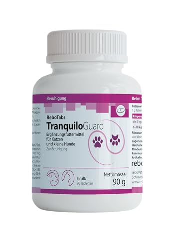 TranquiloGuard 75 mg Lactium, 1 g Tabletten für Katzen & kleine Hunde, 90 Stück: Ergänzungsfuttermittel kann zur Beruhigung, Entspannung, Stressbewältigung beitragen, mit Tryptophan & Vitaminen von reboVet