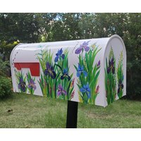 Iris Blume, Lila Lavendel, Blaue Iris, Benutzerdefinierte Handgemalt Auf Weißmetallbriefkasten, Postbriefkasten, Handgemacht, Personalisiert Frei von Reborn318