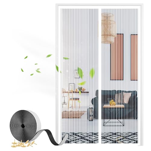 Magnet Fliegengitter Tür, Insektenschutz Balkontür Fliegenvorhang Automatisches Schließen für Wohnzimmer Terrassentür mit Klebeband-White-A|| 100x215cm(39x84inch) von Rechteckig