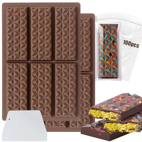 2 Stück Große Schokoladenform Dubai Schokolade mit Schaber und 100 Pcs Beuteln - Tief Silikonform Schokolade für Dicke Tafeln, Schokoladenform Tief Dubai für Pistazienfüllung von Recitem
