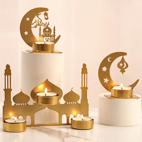 Ramadan Deko Teelichthalter Gold Deko Wohnzimmer Modern Moon Stern Teelichthalter Kerzenhalter Teelichthalter Metall Windlichter Tischdeko für Hochzeit Party Ramadan Eid Mubarak Dekoration (A+B+C) von Recitem