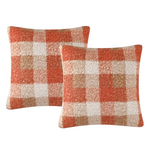 Recitem 2er Set Orange Plaid Herbst Kissenbezug 45x45 cm, Boucle Kissenhülle Herbst Deko, Kuschelige Fluffy Herbstdeko Kissen für Sofa Couch Bett, Herbst Dekoration Wohnzimmer von Recitem