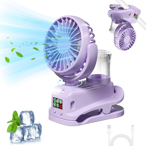 Recitem Clip Ventilator, Camping-Ventilator mit 4 Geschwindigkeiten, 360° drehbarer USB-Ventilator, klein, Mini-Ventilator mit Wasserkühlung, leiser USB-C-Ventilator Kinderwagen Schlafzimmer (Lila) von Recitem