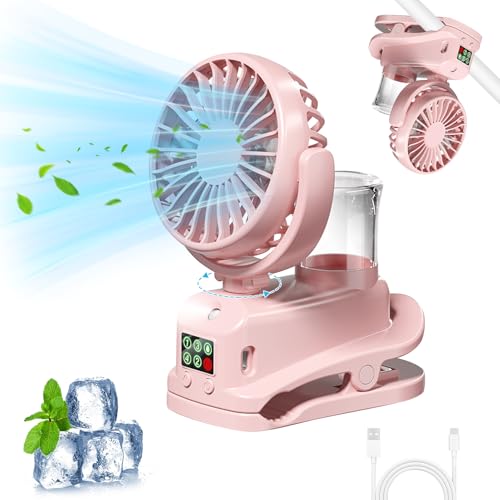 Recitem Clip Ventilator, Camping-Ventilator mit 4 Geschwindigkeiten, 360° drehbarer USB-Ventilator, klein, Mini-Ventilator mit Wasserkühlung, leiser USB-C-Ventilator Kinderwagen Schlafzimmer (Rosa) von Recitem