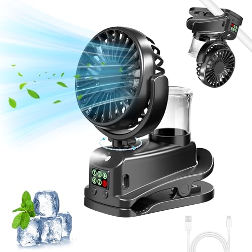 Recitem Clip Ventilator, Camping-Ventilator mit 4 Geschwindigkeiten, 360° drehbarer USB-Ventilator, klein, Mini-Ventilator mit Wasserkühlung, leiser USB-C-Ventilator Kinderwagen Schlafzimmer (Weiß) von Recitem