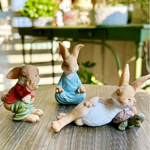 Recitem Ländliches Häschen aus Kunstharz | Oster Hase | wetterfeste Kaninchen Deko Gartenfigur Skulptur | gartendeko für draußen | Garten deko für Blumentöpfe & Balkon von Recitem