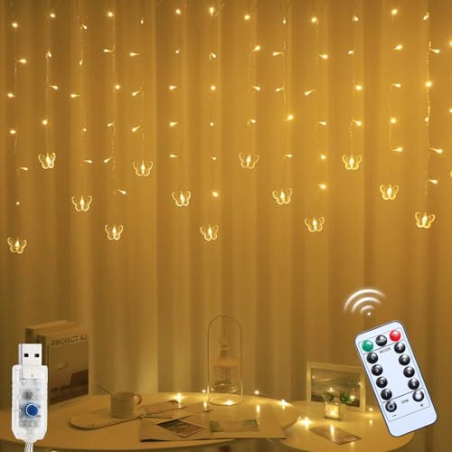 Recitem Lichtervorhang Innen, 3.5M Schmetterlings Vorhang Lichterketten USB 8 Modi LED Lichterkette mit 16 Haken Fernbedienung Timer Verstellbare Helligkeit für Party Innen Frühlings Dek (Weiß) von Recitem