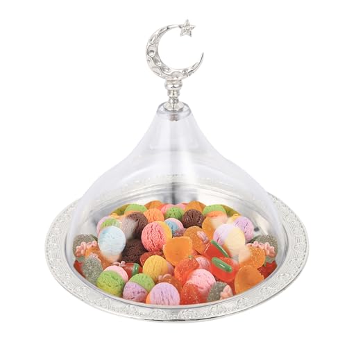 Recitem Ramadan Tablett - Ramadan-Tablett aus Metall mit durchsichtigem Kuppeldeckel, wiederverwendbares Desserttablett, runder Lebensmittelaufbewahrungs-Organizer für Nüsse, Bonbons (Silber) von Recitem