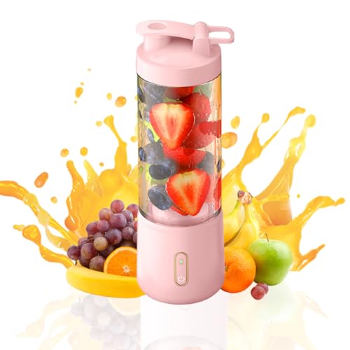 Recitem Tragbarer Persönlicher Smoothie Maker,500mL USB Wiederaufladbarer Mini-Mixer mit 12 Klingen Saftbecher für Saft, Ideal zum Mischen,Für Heimsport-Reisen im Freien (Rosa) von Recitem