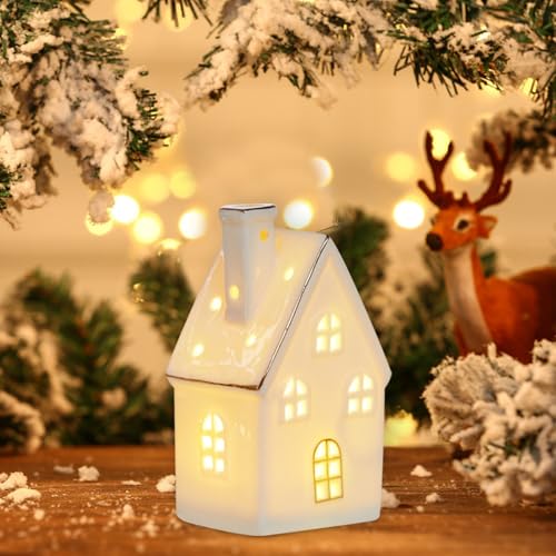 Weihnachten Deko Mini Holzhaus - Beleuchtetes Wichtelhaus für Weihnachten, Deko Häuser für Festliche Tisch- und Fensterdekoration, Holzrahmen Haus für Weihnachtsdeko (Stil 12) von Recitem
