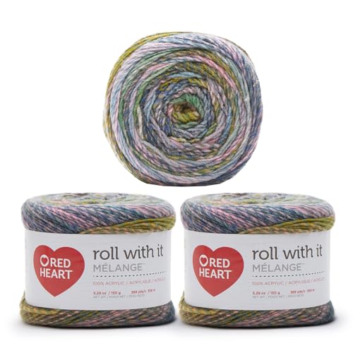 Red Heart Roll with It Melange Garn, 100% Acryl, Stärke 4 (Medium/Worsted), 356 m, Stricken/Häkeln, Bunt (Green Room), Bunt (Hollywood), 3er-Pack à 150 g von Red Heart