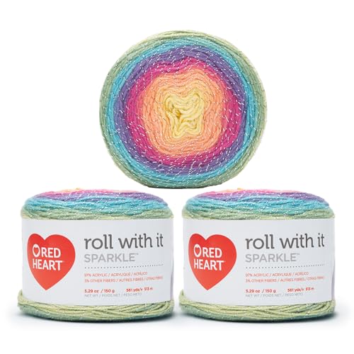 Red Heart Roll with It Sparkle Garn, Mischung, Stärke 4 (Medium/Worsted), 513 m, Stricken/Häkeln, Braun (Moon Dust), Rot/Gelb/Grün (Magic), 3er-Pack à 150 g von Red Heart