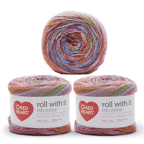 Red Heart Roll with It Melange Garn, 100% Acryl, Stärke 4 (Medium/Worsted), 356 m, Stricken/Häkeln, Bunt (Hollywood), 3er-Pack à 150 g von Red Heart