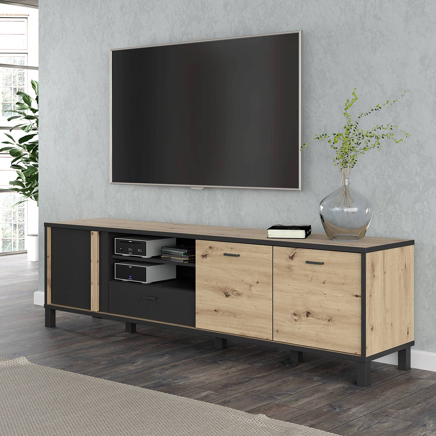 home24 TV-Lowboard I Spanplatte, foliert Schwarz/Braun/Eiche Artisan Dekor 199 x 56 x 42cm home24 TV-Lowboard I Spanplatte, foliert Schwarz/Braun/Eiche Artisan Dekor 199 x 56 x 42cm von home24