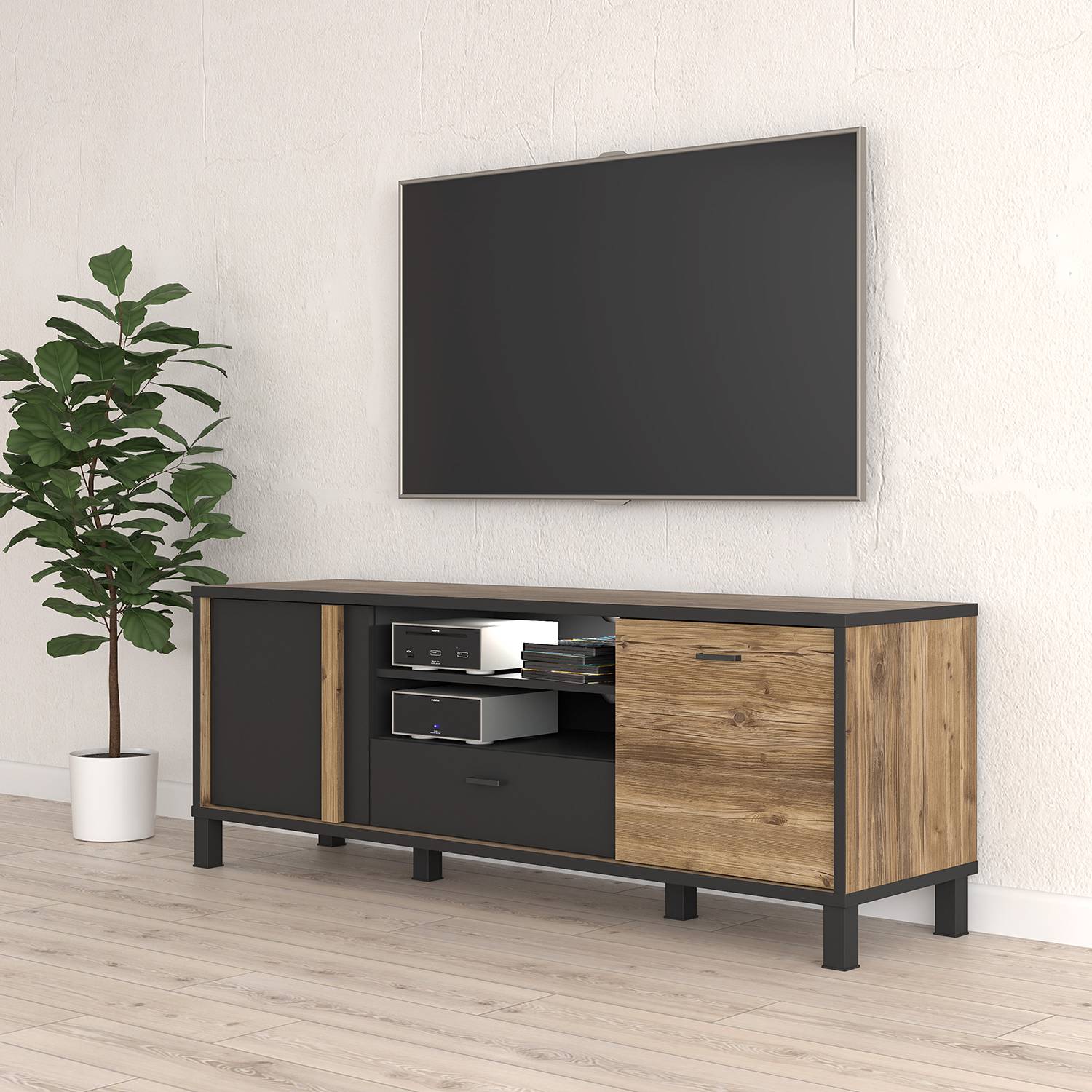 home24 TV-Lowboard II Spanplatte, foliert Schwarz/Braun 155 x 56 x 42cm home24 TV-Lowboard II Spanplatte, foliert Schwarz/Braun 155 x 56 x 42cm von home24