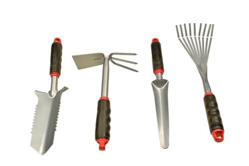 Red Tools Profi Garten -Set 4 TLG. - Multifunktions- Gartenschaufel mit Wurzelsäge, Kombihacke, Pflanzkelle & Handrechen für präzise Arbeiten im Garten (Grau) von Red Tools