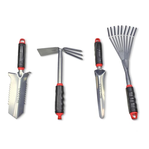 Red Tools Profi Garten -Set 4 tlg. - Multifunktions- Gartenschaufel mit Wurzelsäge, Kombihacke, Pflanzkelle & Handrechen für präzise Arbeiten im Garten (Grau) von Red Tools
