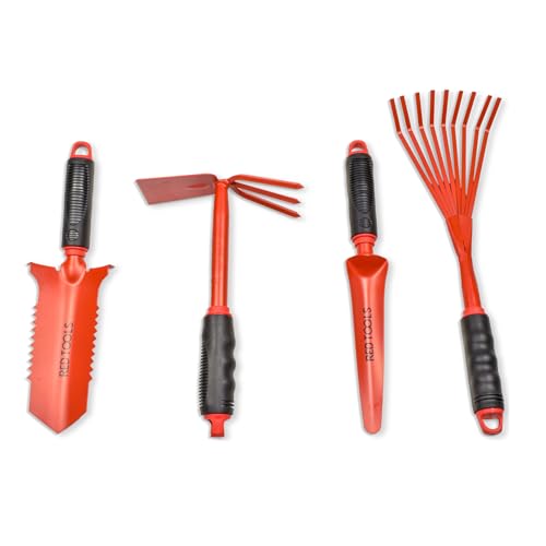 Red Tools Profi Garten -Set 4 tlg. - Multifunktions- Gartenschaufel mit Wurzelsäge, Kombihacke, Pflanzkelle & Handrechen für präzise Arbeiten im Garten (Rot) von Red Tools