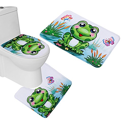 RedBeans 3 Stück Süßes Frosch Flanell Badteppich Set (Badezimmer Vorleger + WC Contour Teppich + WC-Deckelbezug) von RedBeans