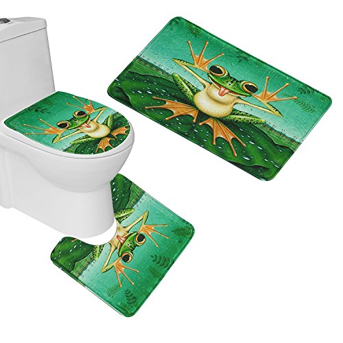 RedBeans 3 Stück WC-Sitz Cover und Set Badezimmer Rutschfeste Ganz Cut Frosch Vorleger Teppich + Deckel WC-Deckelbezug + Badteppich grün von Mcties