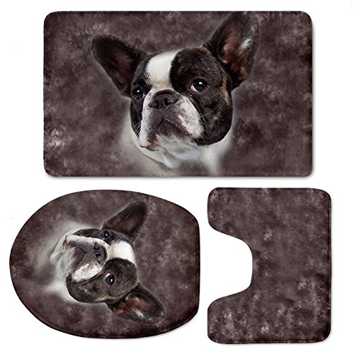 RedBeans Französische Bulldogge rutschfest 3-teiliges Badematten-Set Badezimmer Teppich Teppich Contour Mats Ständer Deckel, weiche Flanell von RedBeans