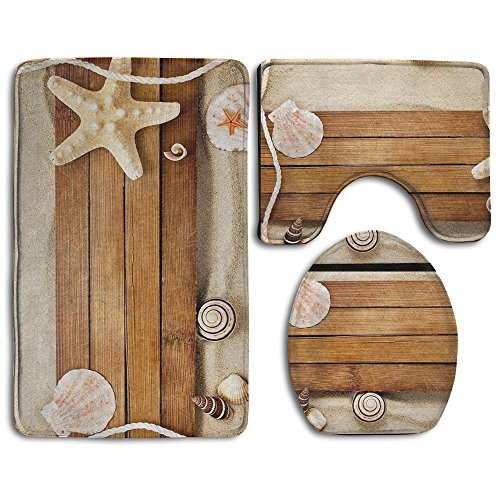 RedBeans Muscheln Seestern Holz am Strand Rutschfest Badematten Set 3 Teilig Badvorleger Set Inklusive Badvorleger Konturteppich Deckel WC Abdeckung von RedBeans