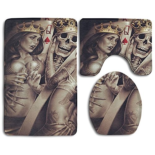 RedBeans King Totenkopf Krone Poker Badezimmer 3 Sets Toilettenvorleger + Deckel WC-Deckelbezug + Badteppich Fußmatte Rutschfester Teppich von RedBeans