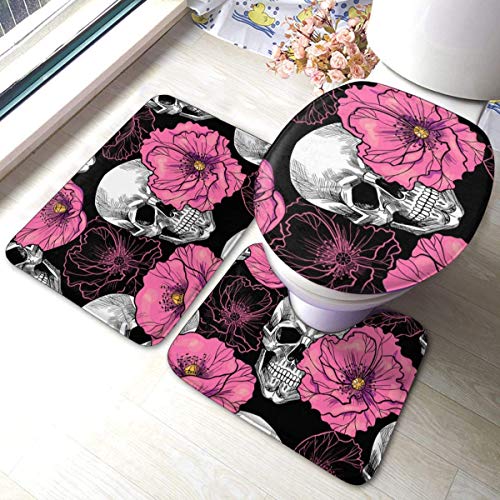 RedBeans Rutschfeste Badvorleger-Set, 3-teilig, Flanell, mit Totenkopf-Motiv, rosa Blume, Badezimmer-Set, inklusive weicher Badematte, WC-Vorleger und WC-Sitzbezug von RedBeans