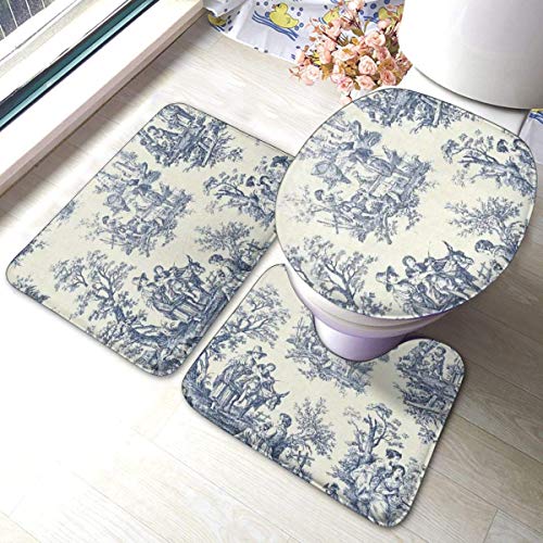 RedBeans Toile De Jouy Tapete, rutschfeste Badematte, 3-teiliges Flanell-Badteppich-Set, inklusive weicher Badematte, WC-Vorleger und WC-Deckelbezug von RedBeans