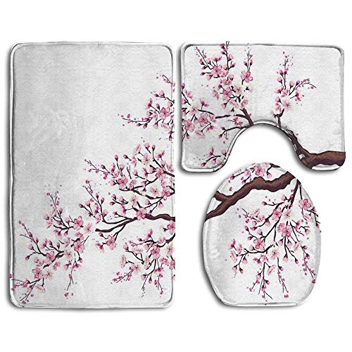 RedBeans Zweig eines blühenden Sakura Baum Blumen Kirschblüten Frühlingsthema Art Badezimmerteppich-Set, 3-teilig, lustige Badezimmerteppiche, grafische Badezimmer-Set, rutschfeste WC-Vorleger von RedBeans