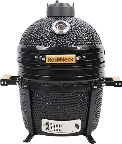 RedNeck Keramik Tischgrill (15"), professioneller Grill (34 cm Grillfläche), Bambus Griff, Gussgestell, Thermometer, Spezial Dichtungen (bis zu 400°C), schwarz von RedNeck