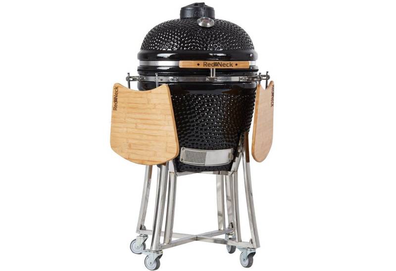 RedNeck Keramikgrill Kamado 23" Pro schwarz, 95kg, 59 cm Grilldurchmesser, Transportrollen mit Bremssystem, Seitenablagen von RedNeck