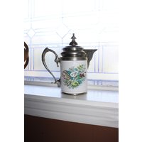 Antike Emaille & Zinn Kaffeekanne Mit Blumen Dekor von RedRiverAntiques