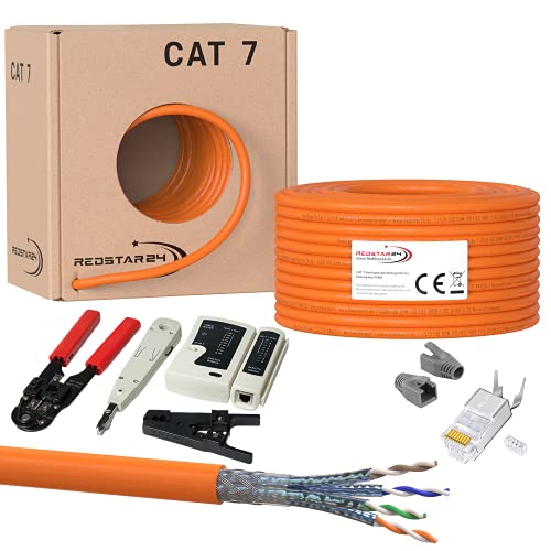 100m CAT 7 Kabel Verlegekabel Netzwerkkabel Crimpzange RJ45 Zange/Kabeltester/Kabelmesser / 10x Netzwerkstecker RJ45 Stecker LAN Halogenfrei Installationskabel CAT7 Kupfer Netzwerk Werkzeug SET von RedStar24