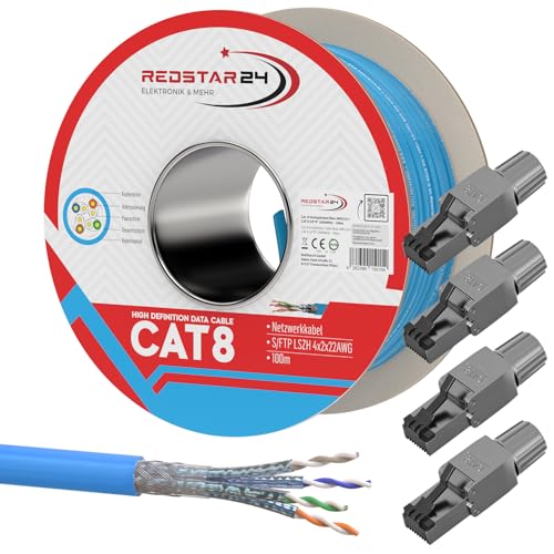 100m Cat 8 Verlegekabel + 4x RJ45 Stecker Werkzeuglos CAT8 Kabel Installationskabel Lan CAT8.1 Ethernet Netzwerk 2000MHz Datenkabel AWG22/1 Netzwerkkabel bis zu 40 Gbit/s Übertragungsgeschwindigkeit von RedStar24