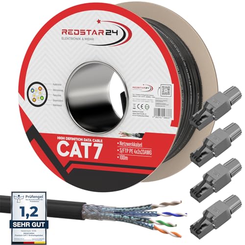 100m Cat7 Erdkabel Verlegekabel + 4x RJ45 Stecker Werkzeuglos CAT 8 Outdoor Lan Kabel Installationskabel CAT 7 Ethernet Netzwerk 1000MHz Datenkabel AWG23/1 Netzwerkkabel für Außenbereich UV-beständig von RedStar24