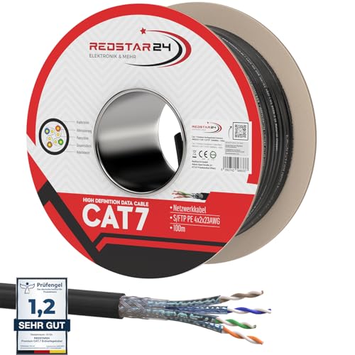 RedStar24 100m Cat7 Erdkabel Verlegekabel Outdoor Lan Kabel Installationskabel Schwarz AWG23/1 CAT 7 S/FTP Ethernet Netzwerk 1000MHz geschirmtes Datenkabel Netzwerkkabel für Außenbereich UV-beständig von RedStar24