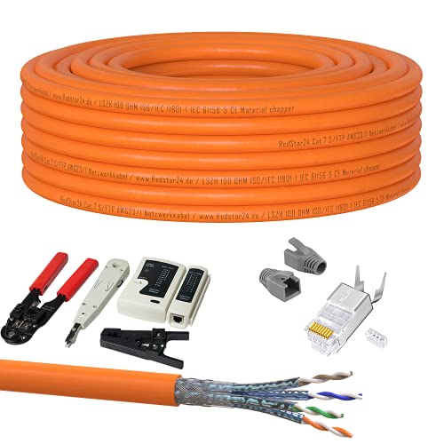 15m CAT 7 Kabel Verlegekabel Netzwerkkabel Crimpzange RJ45 Zange/Kabeltester/Kabelmesser / 10x Netzwerkstecker RJ45 Stecker LAN Halogenfrei Installationskabel CAT7 Kupfer Netzwerk Werkzeug SET von RedStar24