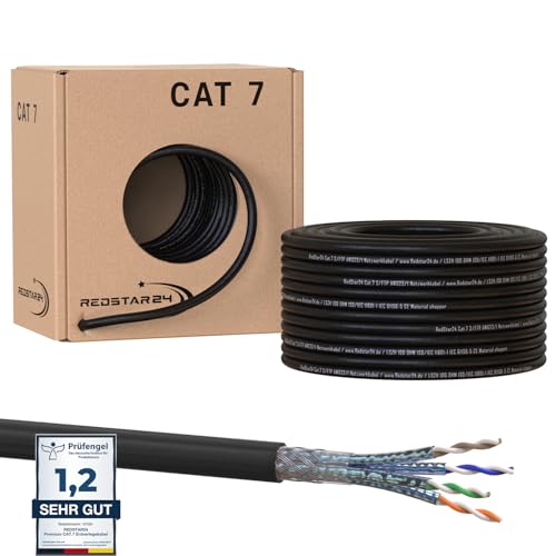 RedStar24 50m Cat7 Erdkabel Verlegekabel Outdoor Lan Kabel Installationskabel Schwarz AWG23/1 CAT 7 S/FTP Ethernet Netzwerk 1000MHz geschirmtes Datenkabel Netzwerkkabel für Außenbereich UV-beständig von RedStar24