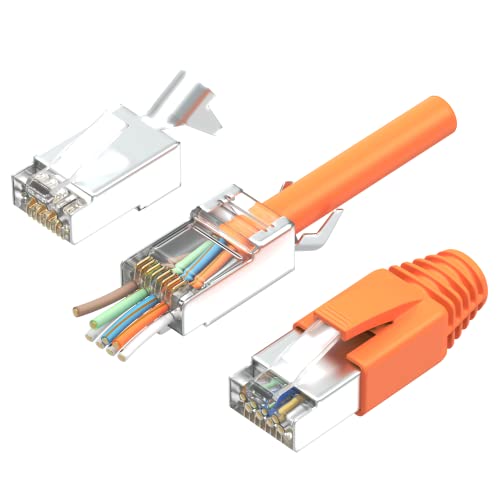 RJ45 Stecker Cat7 10er Set | Netzwerkstecker, Pass Through & Geschirmt | Inkl. Zugentlastung, Knickschutztülle Orange & Einführhilfe | Ideal für CAT 7, Cat6A Verlegekabel AWG23 | 8-Poliger Plug von RedStar24