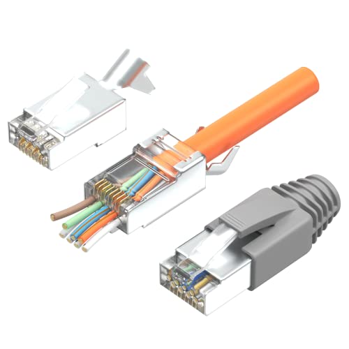 RJ45 Stecker Cat7 Cat6A Netzwerkstecker Pass Through RJ45 Crimp Stecker geschirmt mit Zugentlastung Knickschutz Tülle Grau Einführhilfe für Verlegekabel Cat 7 Cat6a AWG23 8 polig Plug (10 Stück) von RedStar24