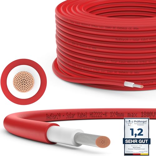 RedStar24 Premium Solarkabel 4mm² Rot - 20m - TÜV-zertifiziert - UV-beständig, flexibel, Photovoltaik Kabel, PV Kabel, Solar Anschlusskabel für Solarpanel, Wechselrichter & Laderegler - langlebig von RedStar24