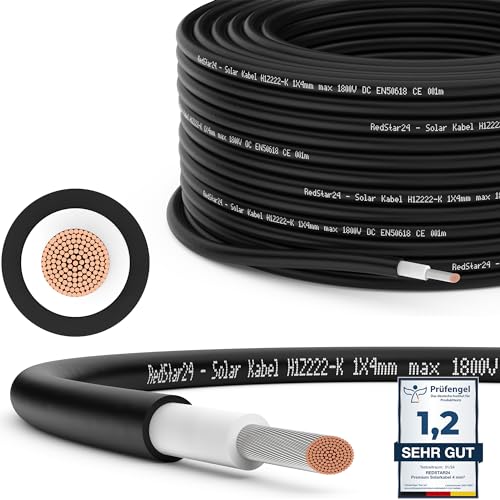 RedStar24 Premium Solarkabel 4mm² Schwarz - 10m - TÜV-zertifiziert - UV-beständig, flexibel, Photovoltaik Kabel, PV Kabel, Solar Anschlusskabel für Solarpanel, Wechselrichter & Laderegler - langlebig von RedStar24