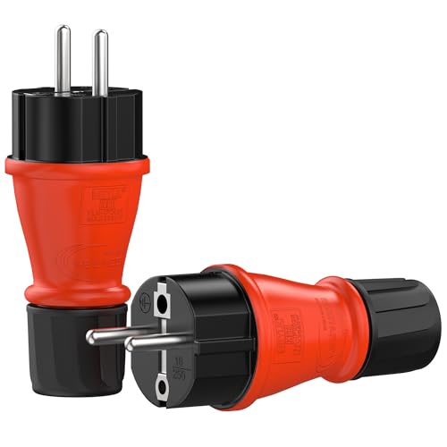 RedStar24 Schuko Stecker 230V IP54 2er Set Robuster Schutzkontaktstecker aus Gummi & Kunststoff, Schwarz Rot | Hermetisch Versiegeltes Design | Perfekt für den Außenbereich | 3-Poliger Stromstecker von RedStar24