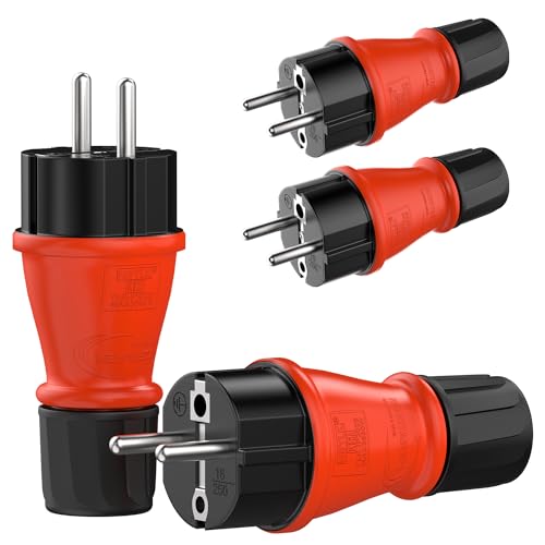 RedStar24 Schuko Stecker 230V IP54 4er Set Robuster Schutzkontaktstecker aus Gummi & Kunststoff, Schwarz Rot | Hermetisch Versiegeltes Design | Perfekt für den Außenbereich | 3-Poliger Stromstecker von RedStar24
