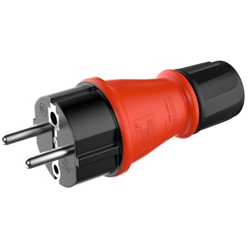 RedStar24 Schuko Stecker 230V IP54 - Robuster Schutzkontaktstecker aus Gummi & Kunststoff, Schwarz Rot | Hermetisch Versiegeltes Design | Perfekt für den Außenbereich | 3-Poliger Stromstecker von RedStar24